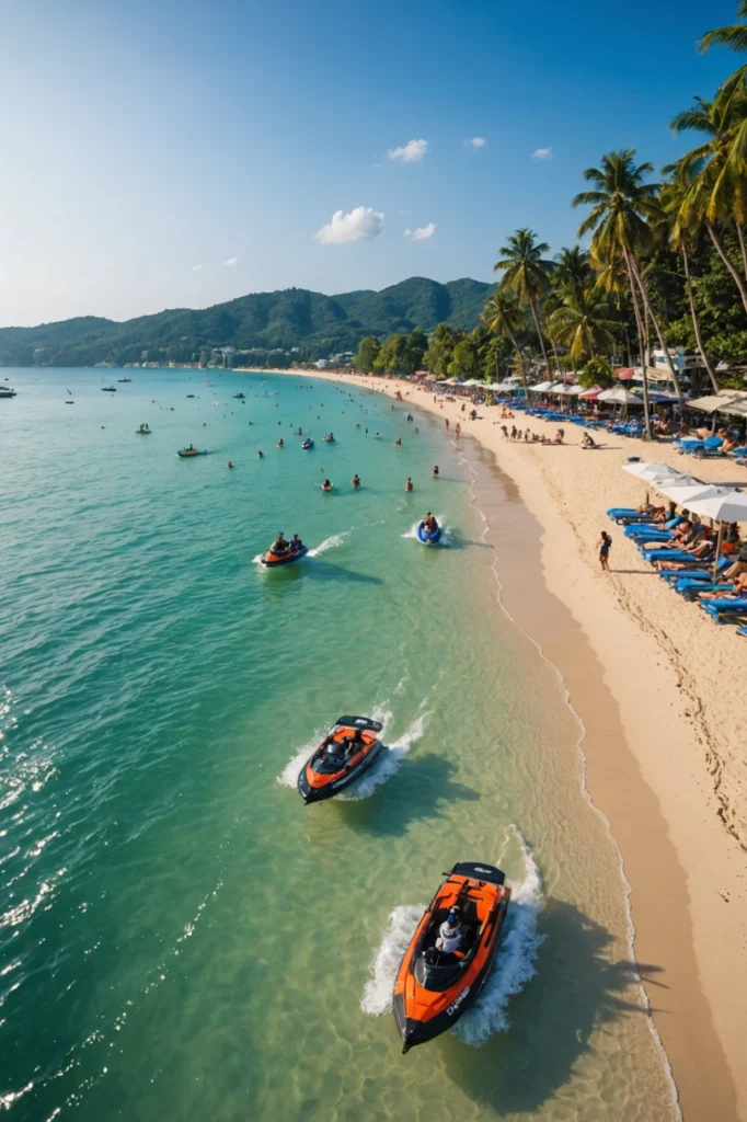 Ein sonniger Tag am Patong Beach mit leuchtend blauem Meer und goldenem Sand. Jet-Skis ziehen ihre Bahnen auf dem Wasser, während am Ufer Palmen Schatten spenden. Dies ist ein perfekter Einblick in die Erlebnisse, die Sie mit den Phuket Hotel Angebote Patong Beach genießen können.