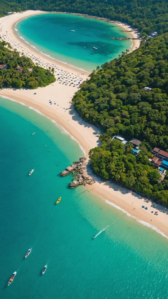 Eine atemberaubende Luftaufnahme der malerischen Buchten von Kata Beach in Phuket, mit kristallklarem, türkisfarbenem Wasser und weißen Sandstränden, umgeben von üppiger Vegetation. Dieses Paradies lädt dazu ein, die besten Kata Beach Hotelangebote zu entdecken.