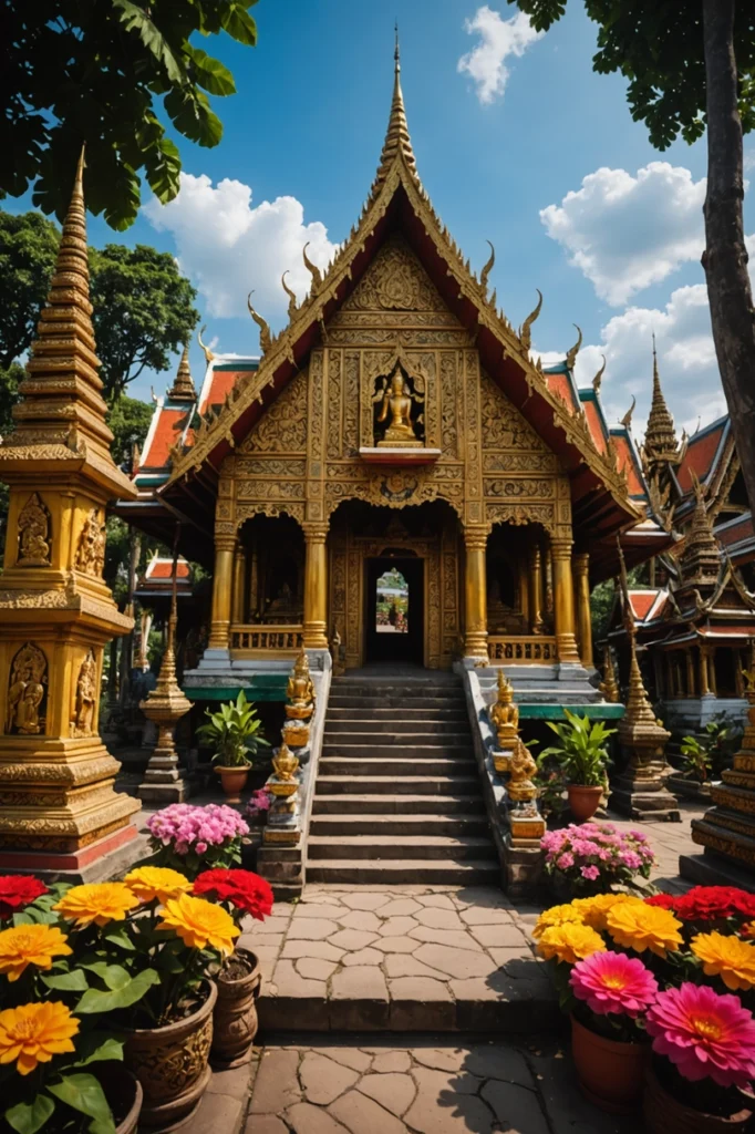 Ein prächtiger, goldener Tempel mit kunstvollen Dächern und einer von bunten Blumen gesäumten Treppe, der die spirituelle Kultur Thailands veranschaulicht und Teil von Wissenswertes über Thailand ist.