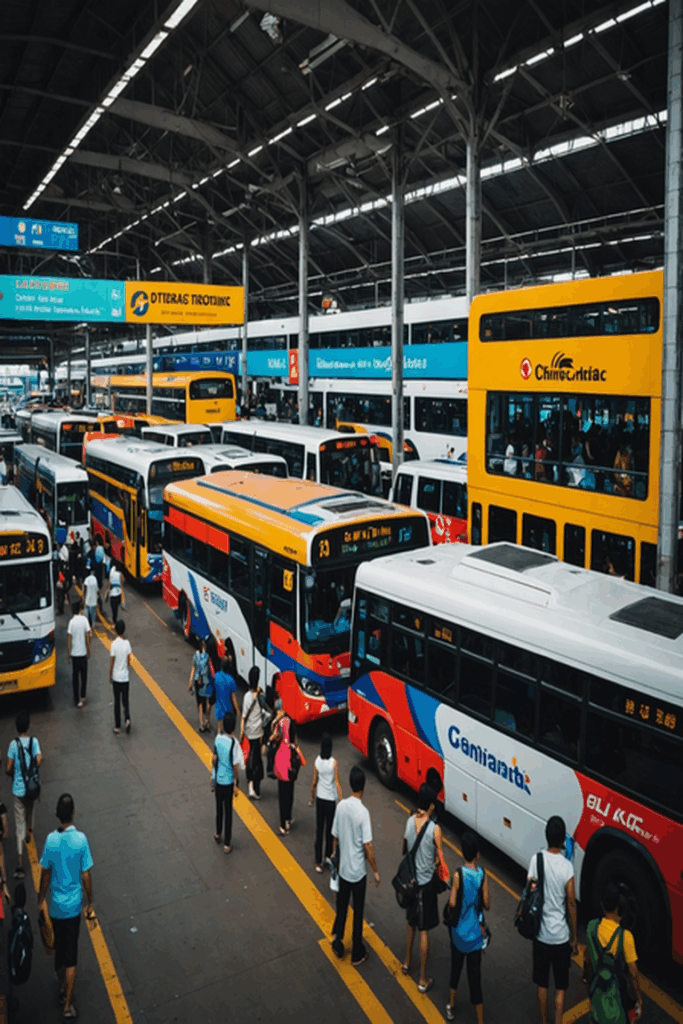 Ein belebter Busbahnhof in Thailand, gefüllt mit zahlreichen Bussen und vielen Reisenden, die ein- und aussteigen, was die effizienten Transportmöglichkeiten und das Wissenswertes über Thailand verdeutlicht.