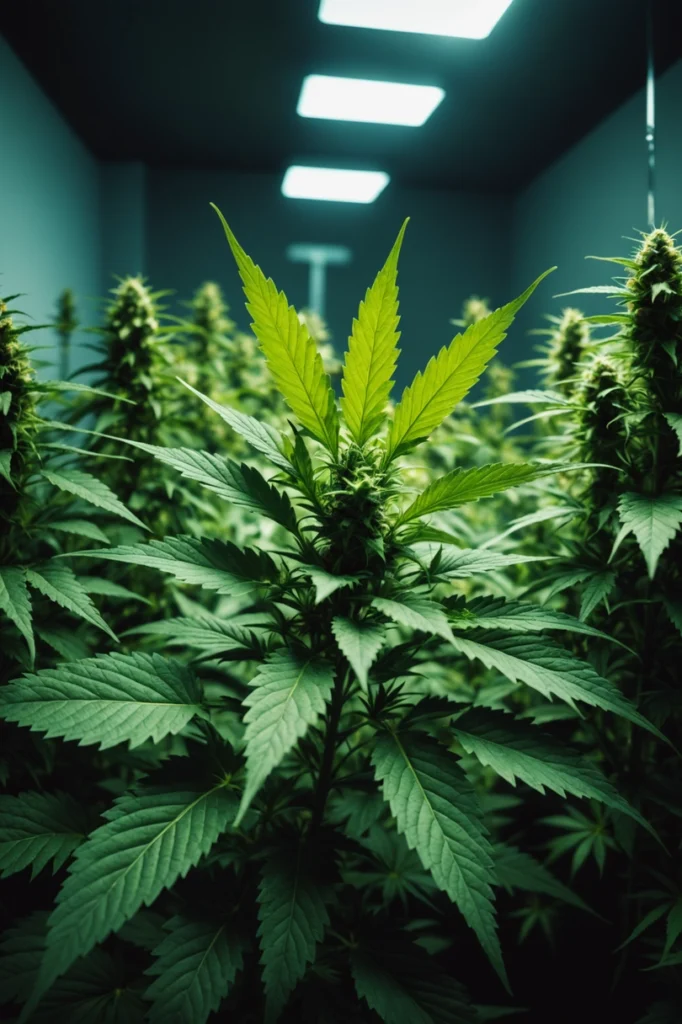 Wissenswertes über Thailand Eine detailreiche Ansicht von Cannabis-Pflanzen in einer modernen, kontrollierten Indoor-Anlage, die die strengen Regierungsvorschriften und die Tatsache, dass der Freizeitkonsum in Thailand nicht mehr erlaubt ist, veranschaulicht.