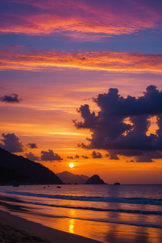 Ein magischer Moment, festgehalten bei Sonnenuntergang über einer Küstenlandschaft in Phuket. Die kräftigen Farben des Himmels und die Reflexionen auf dem Wasser schaffen eine friedliche Atmosphäre, die perfekt zu einem erholsamen Aufenthalt, gebucht über die attraktiven Phuket Hotel Angebote, passt.