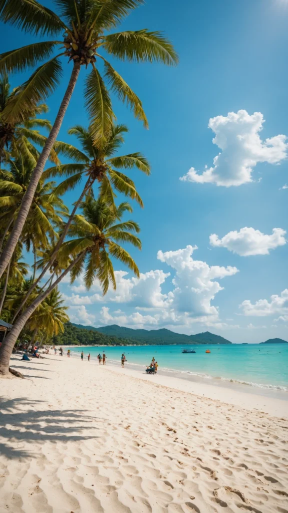 Tropischer Sandstrand mit Palmen und türkisblauem Meer auf Koh Samui unter strahlend blauem Himmel.