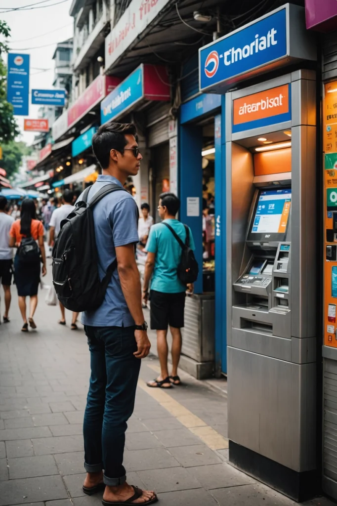 Ein Mann mit Rucksack steht vor einem Geldautomaten auf einer belebten Straße in Thailand und bereitet sich darauf vor, Geld abzuheben, um die praktischen Aspekte der Währungsbeschaffung und das Wissenswertes über Thailand zu verdeutlichen.
