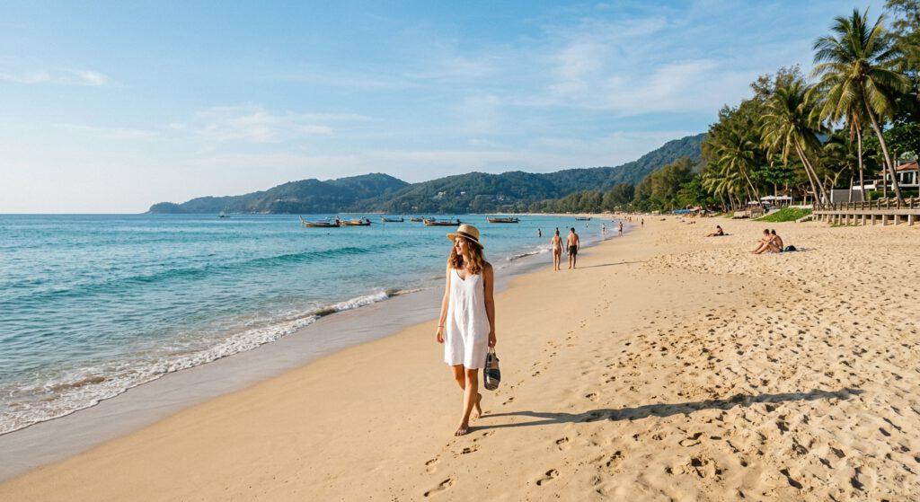Eine alleinstehende Touristin in einem weißen Sommerkleid und Hut spaziert barfuß am Ufer des weitläufigen Karon Beach in Phuket. Das Bild zeigt das türkisfarbene Meer, den goldenen Sand und die bewaldeten Hügel, was einen umfassenden Phuket Strandcheck ermöglicht.