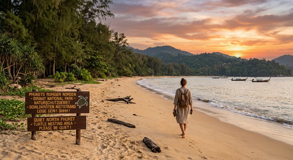 Ruhiger Strand im Norden Phukets beim Urlaub in Thailand mit Holzschild für das Schildkröten-Naturschutzgebiet im Sirinat Nationalpark.