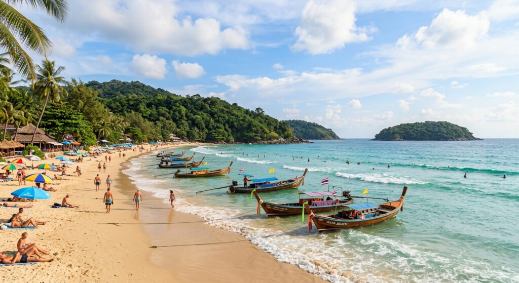 Phuket Strandcheck am Kata Beach: Traditionelle thailändische Longtail-Boote ankern im türkisfarbenen Wasser an einem belebten Sandstrand mit Blick auf eine vorgelagerte Insel.