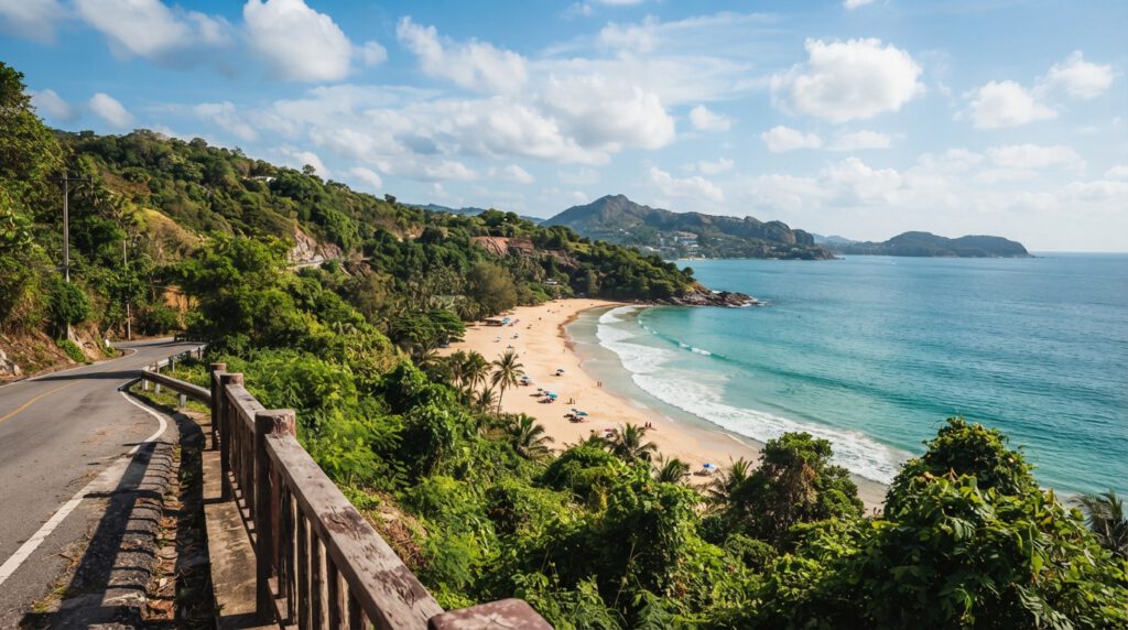 Phuket Strandcheck: Küstenstraße mit Blick auf eine ruhige, von grünem Dschungel umgebene Bucht mit türkisblauem Meer