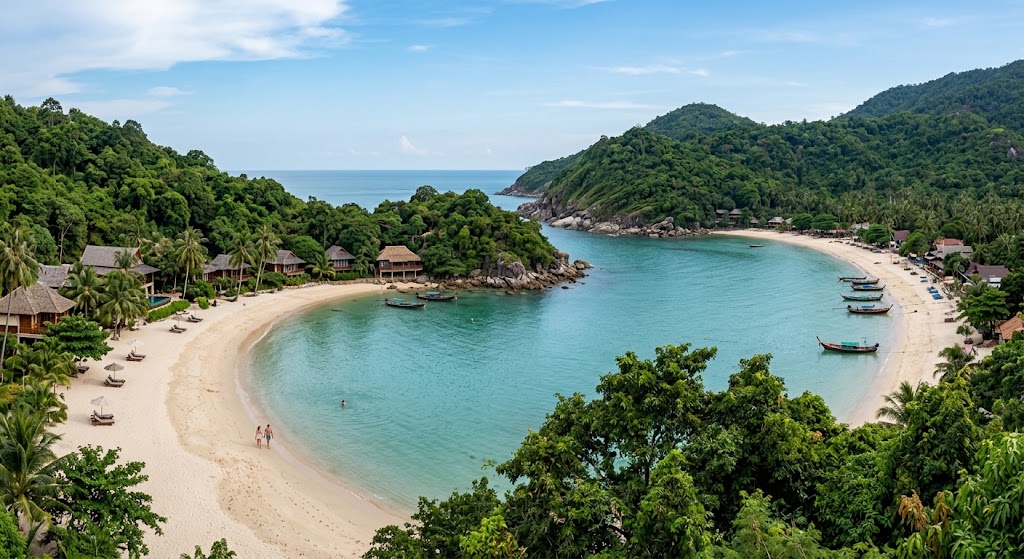 Eine hohe Luftaufnahme der Thong Nai Pan-Bucht auf Koh Phangan. Die hufeisenförmige Bucht mit zwei Sandstränden ist umgeben von üppig grünen, bewaldeten Hügeln. Am türkisfarbenen Wasser liegen Longtail-Boote, und an den Stränden befinden sich kleine Resorts mit Holzbungalows, Palmen, Liegen und einigen wenigen spazierenden Personen. Ein Text-Overlay zeigt das Urlaubsangebot: 9 Tage ab 1.429,00 €.