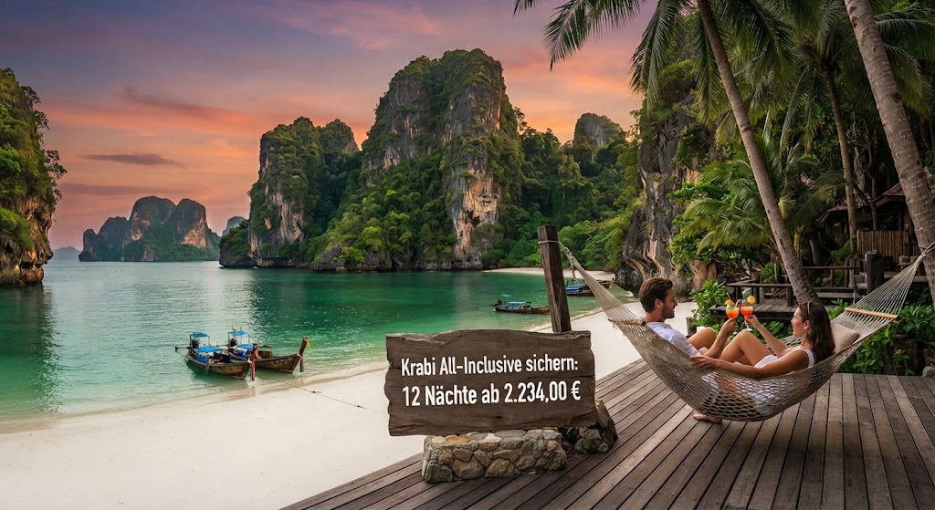 Blick von einer privaten Holzterrasse mit Hängematte auf die traumhafte Bucht von Krabi mit ihren markanten Kalksteinfelsen und smaragdgrünem Wasser bei Sonnenuntergang. Ein Paar stößt in der Hängematte mit Cocktails an. Im Vordergrund steht ein Holzschild mit dem deutlich lesbaren Text: Krabi All-Inclusive sichern: 12 Nächte ab 2.234,00 €.