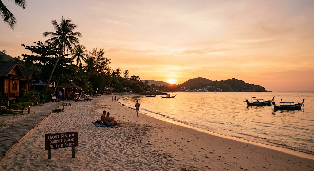 Ein Holzschild am Sandstrand des Haad Rin Nai (Sunset Beach) auf Koh Phangan mit der Aufschrift „HAAD RIN NAI (SUNSET BEACH) – RELAX & ENJOY“. Im Hintergrund erstreckt sich der Strand bei goldenem Sonnenuntergang mit Palmen, kleinen Holzbungalows, Longtail-Booten im Wasser und einigen entspannten Menschen am Ufer. Ein Text-Overlay zeigt das Urlaubsangebot: 9 Tage ab 1.435,00 €.
