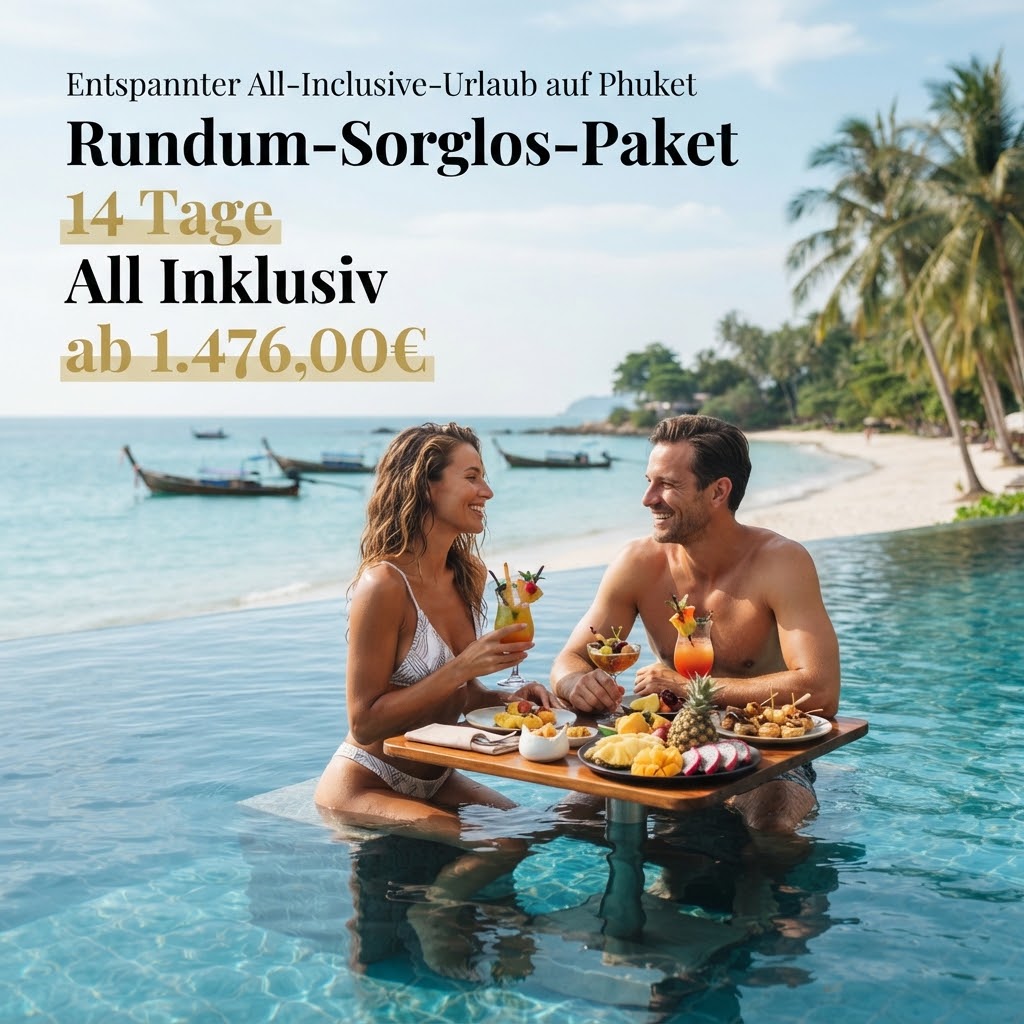 Ein glückliches Paar genießt an einem Infinity-Pool direkt am Strand von Phuket ein schwimmendes Frühstück mit Cocktails und frischen Früchten mit Blick auf das türkisfarbene Meer und traditionelle Longtail-Boote. Im oberen Bereich des Bildes befindet sich ein Text-Overlay mit der Aufschrift: „Entspannter All-Inclusive-Urlaub auf Phuket, Rundum-Sorglos-Paket, 14 Tage All Inklusiv ab 1.476,00€“.