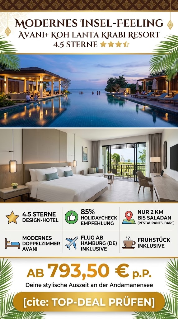 Vertikales Werbebanner für das 4-Sterne AVANI+ Koh Lanta Krabi Resort. Das Bild zeigt das moderne Design-Hotel mit stilvoller Poolanlage und ein elegantes Doppelzimmer. Textliche Highlights umfassen "4 Sterne", eine "85% HolidayCheck"-Bewertung, die Nähe zu Saladan (2 km) und "Doppelzimmer Avani". Icons heben die Inklusivleistungen "Flug ab Hamburg" und "Frühstück" hervor. Unten wird der Preis "AB 793,50 € p.P." groß präsentiert, abgeschlossen mit einem Call-to-Action-Button "[TOP-DEAL PRÜFEN]".