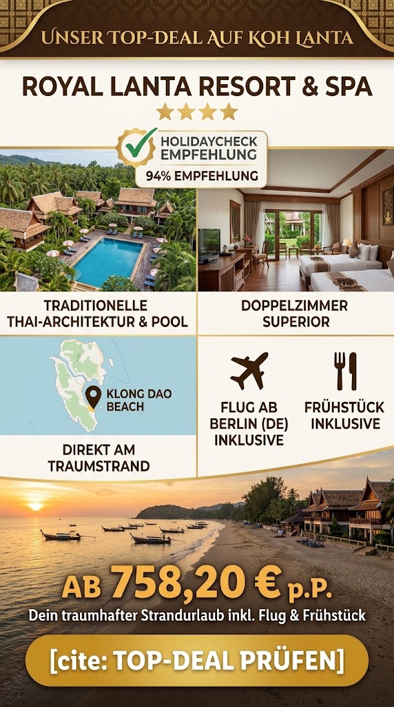 Vertikales Werbebanner für einen Urlaub im 4-Sterne Royal Lanta Resort & Spa auf Koh Lanta. Das Bild zeigt traditionelle thailändische Gebäude mit markanten Spitzdächern, eine einladende Poolanlage und den weißen Sandstrand. Textliche Highlights umfassen "4 Sterne", den Hinweis "Direkt am Sandstrand" sowie die Unterkunft im "Doppelzimmer Superior". Icons weisen auf die Inklusivleistungen "Flug (z.B. ab Berlin)" und "Frühstück" hin. Im unteren Bereich steht groß der Preis "AB 758,20 € p.P.", abgeschlossen mit einem Call-to-Action-Button "[TOP DEAL PRÜFEN]".