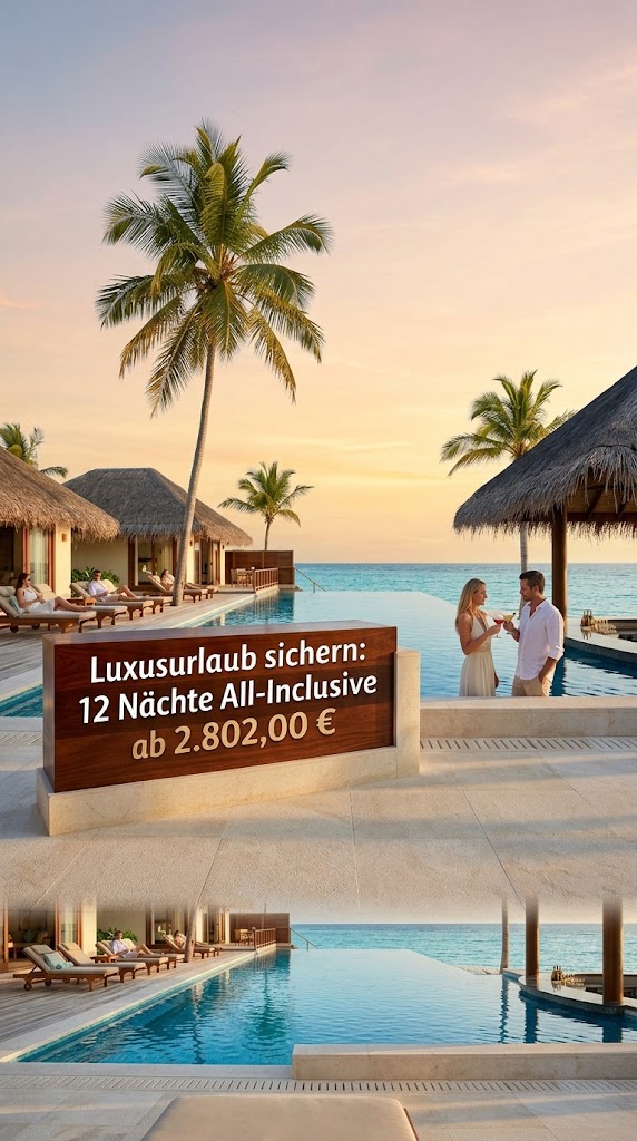 Ein großes Holzschild im Vordergrund zeigt deutlich den Text: "Luxusurlaub sichern: 12 Nächte All-Inclusive ab 2.802,00 €". Das Schild steht in einem luxuriösen tropischen Strandresort bei Sonnenuntergang. Ein Infinity-Pool führt zum türkisfarbenen Ozean. Rechts genießt ein Paar Cocktails am Poolrand, links entspannt sich ein weiteres Paar auf Liegestühlen auf einem Holzdeck. Mehrere reetgedeckte Überwasservillen und Palmen sind unter einem warmen, klaren Himmel zu sehen.