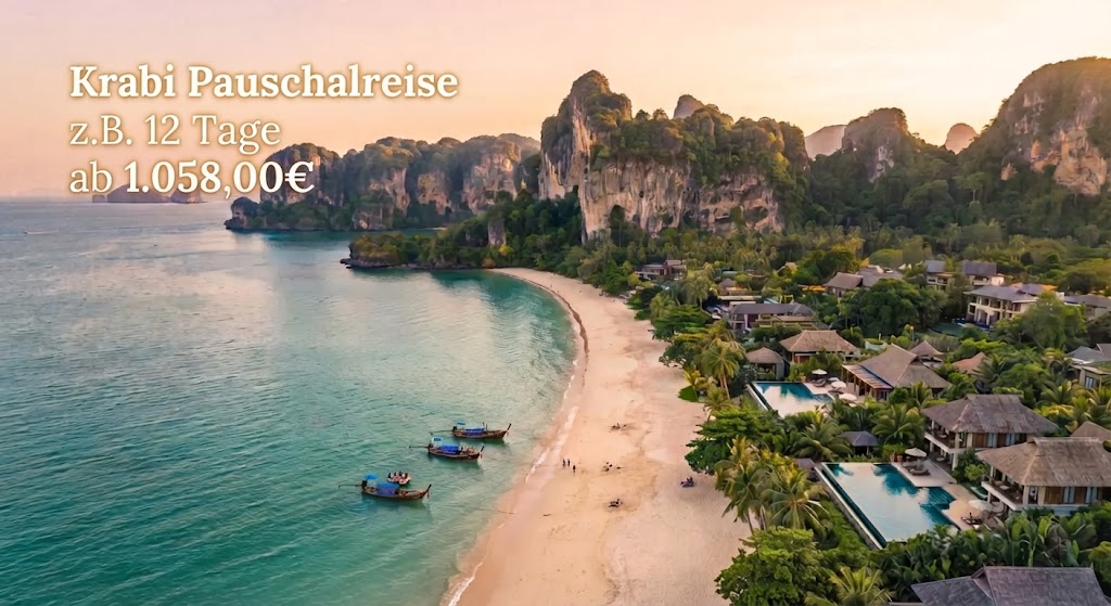 Luftaufnahme der atemberaubenden Küste von Krabi, Thailand, mit dramatischen Kalksteinfelsen, smaragdgrünem Wasser und luxuriösen Villen am Strand bei Sonnenuntergang. Gönnen Sie sich eine Traumreise: Buchen Sie jetzt Ihre Krabi Pauschalreise, z.B. 12 Tage ab 1.058,00€.