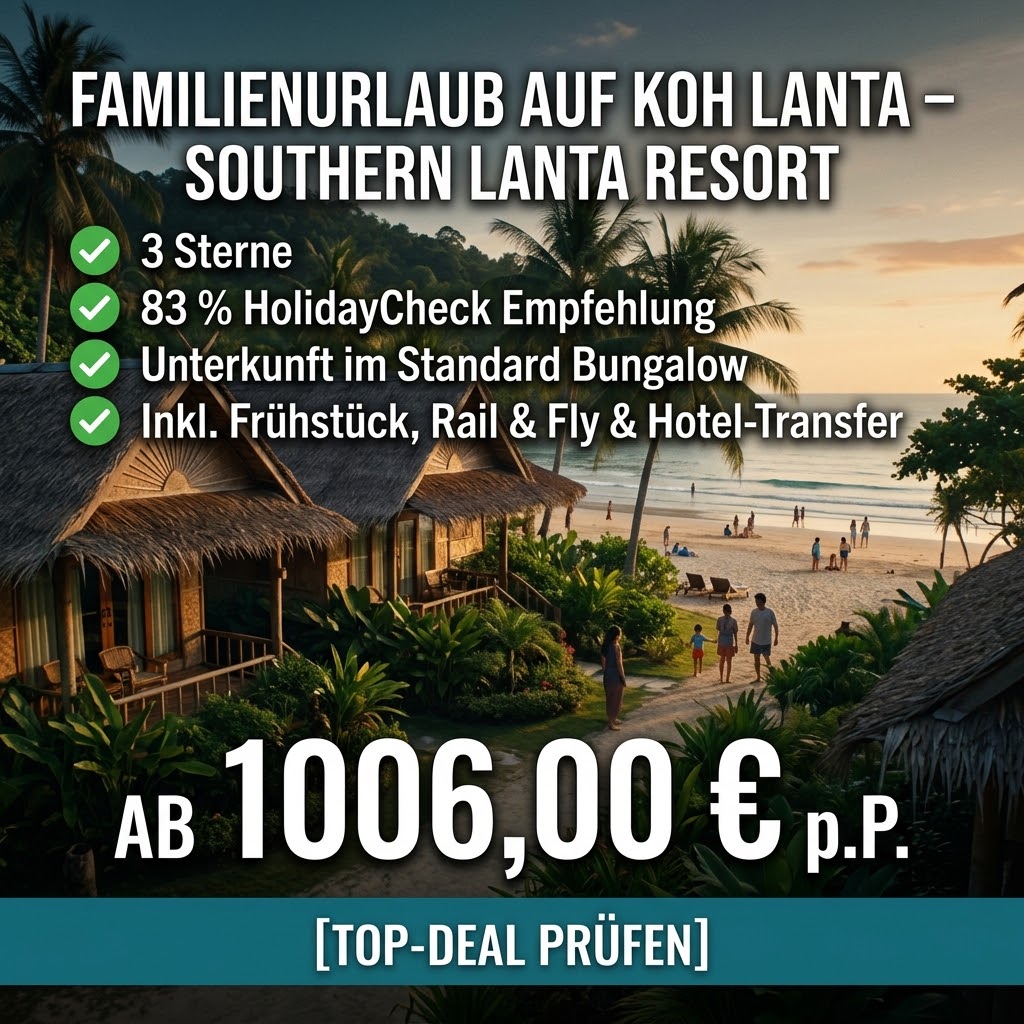 Vertikales Werbebanner für einen Urlaub im 3-Sterne Southern Lanta Resort auf Koh Lanta. Das Bild zeigt die gemütlichen Bungalows der Anlage sowie den familienfreundlichen Sandstrand. Textliche Highlights umfassen "3 Sterne", eine "83% HolidayCheck"-Bewertung, die Lage am "Klong Dao Beach" und die Unterkunft im "Standard Bungalow". Zusätzlich werden die Inklusivleistungen "Frühstück", "Rail & Fly" sowie "Hotel-Transfer" als Icons hervorgehoben. Im unteren Bereich steht groß der Preis "AB 1006,00 € p.P.", abgeschlossen mit einem Call-to-Action-Button "[TOP DEAL PRÜFEN]".