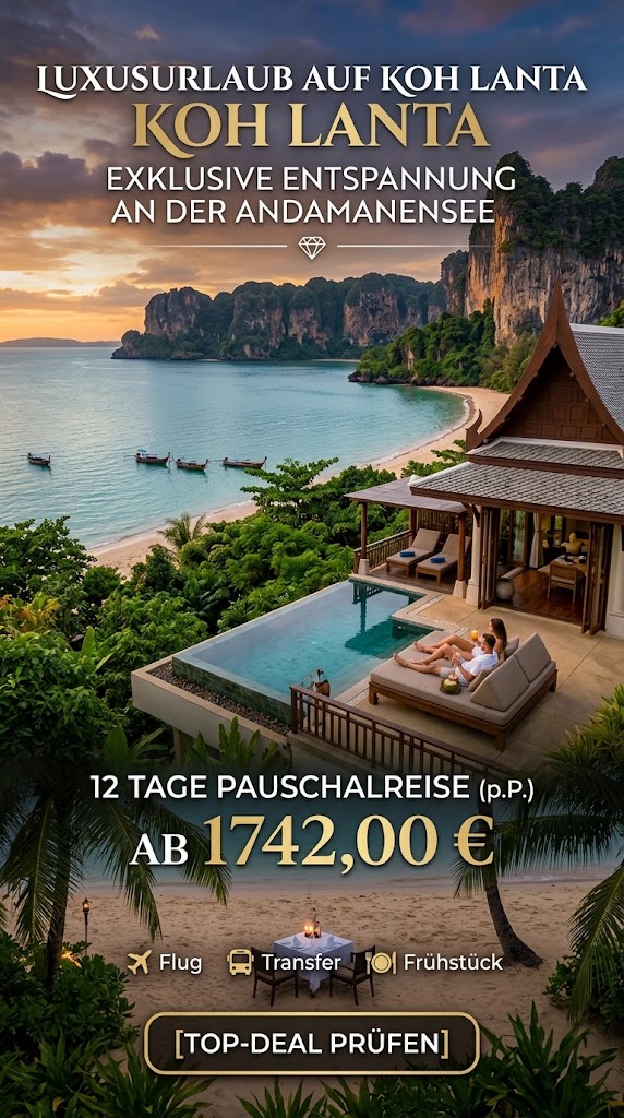 Ein Hochformat-Werbebild für einen Luxusurlaub auf Koh Lanta. Oben steht "LUXUSURLAUB AUF KOH LANTA" und "KOH LANTA" mit dem Text "EXKLUSIVE ENTSPANNUNG AN DER ANDAMANENSEE". Das Bild zeigt eine luxuriöse thailändische Villa mit Infinity-Pool und einem entspannenden Paar auf einem Daybed. Im Hintergrund ist eine Bucht mit Longtail-Booten und Kalksteinfelsen bei Sonnenuntergang zu sehen. Weiter unten steht "12 TAGE PAUSCHALREISE (p.P.) AB 1742,00 €". Icons weisen auf die Inklusivleistungen Flug, Transfer und Frühstück hin. Ein Button am unteren Rand lautet "[TOP-DEAL PRÜFEN]".
