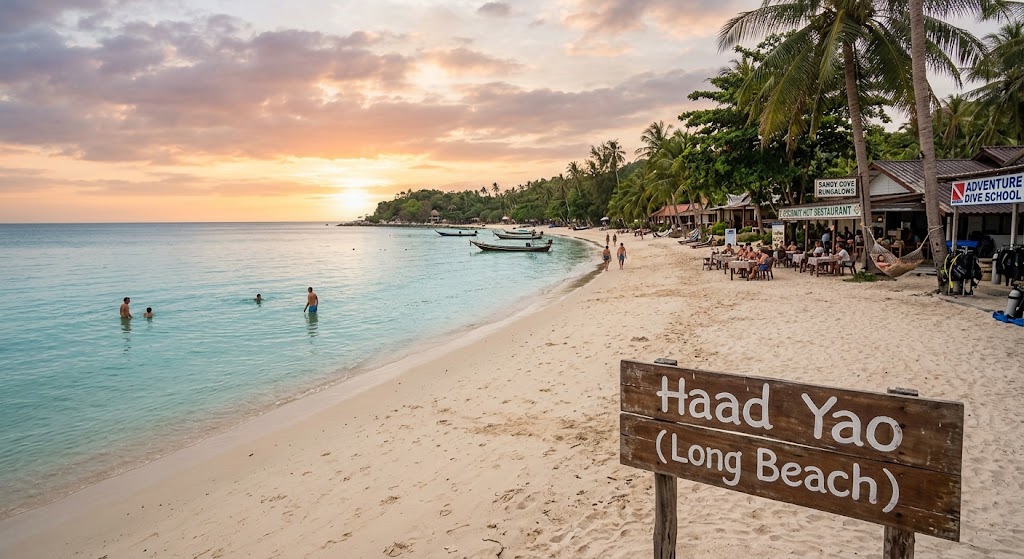 Ein hölzernes Schild am Strand mit der Aufschrift „Haad Yao (Long Beach)“. Im Hintergrund erstreckt sich ein tropischer Sandstrand bei Sonnenuntergang mit Palmen, kleinen Restaurants, Longtail-Booten im klaren Wasser und Menschen im Meer. Ein Text-Hinweis zeigt das Urlaubsangebot: 9 Tage ab 1.414,00 €.