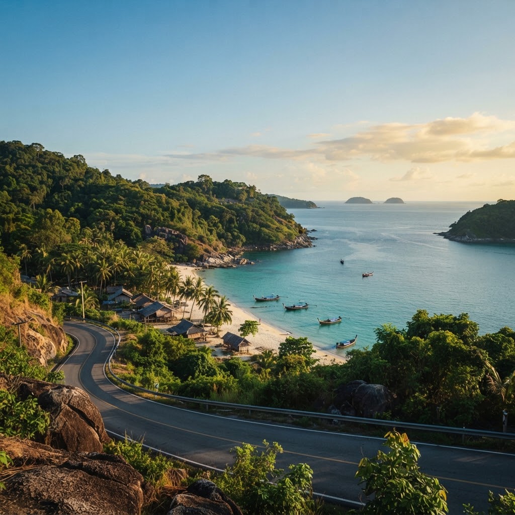 Weites Landschaftspanorama von einer erhöhten Position an einer gewundenen Küstenstraße im tiefen Süden von Phuket, Thailand. Der Blick fällt auf eine versteckte Bucht mit kristallklarem, türkisfarbenem Wasser. Die steilen, dicht bewaldeten Hügel rahmen den feinen weißen Sandstrand ein. Ein kleines Fischerdorf mit einfachen Holzhütten liegt unter Palmen. Mehrere traditionelle thailändische Longtail-Boote sind in der ruhigen Bucht verankert, und einige kleinere, ferne Inseln sind am Horizont unter einem klaren blauen Himmel mit weichen, goldenen Wolken zu sehen. Die Beleuchtung ist warm und natürlic