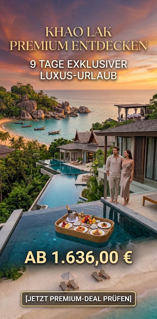 Ein hochformatiges, luxuriöses Werbebild aus der Luftaufnahme eines exklusiven 5-Sterne-Resorts in Khao Lak bei Sonnenuntergang. Die multi-level private Villa mit kaskadierenden Infinity-Pools und einem Paar auf der Aussichtsplattform überblickt eine geschwungene Küstenlinie mit Granitfelsen und türkisfarbenem Wasser, auf dem Longtail-Boote ankern. Im Wasser des privaten Pools auf der Hauptebene ist ein schwimmendes Frühstückstablett mit Champagner und Gourmetgerichten platziert. Das Bild ist vertikal gestreckt und betont die Tiefe. Oben steht der Text: „KHAO LAK PREMIUM ENTDECKEN“ und „9 TAGE EXKLUSIVER LUXUS-URLAUB“. Darunter steht der Preis: „AB 1.636,00 €“ und ganz unten auf dem Sand der Button „[JETZT PREMIUM-DEAL PRÜFEN]“.