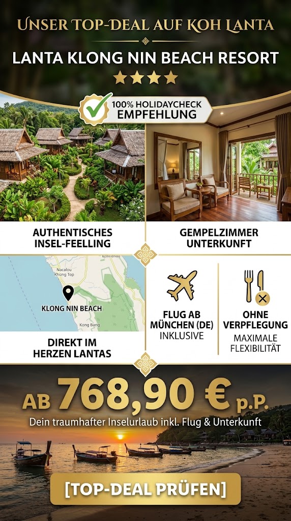 Vertikales Werbebanner für einen Urlaub im 3-Sterne Lanta Klong Nin Beach Resort auf Koh Lanta. Das Bild zeigt traditionelle thailändische Bungalows inmitten einer üppigen, tropischen Gartenanlage. Textliche Highlights umfassen "3 Sterne", eine "100% HolidayCheck"-Bewertung, die Lage "Im Herzen Lantas" sowie "Doppelzimmer". Unten wird der Preis "AB 768,90 € p.P." auffällig präsentiert, abgeschlossen mit einem Call-to-Action-Button "[TOP DEAL PRÜFEN]".