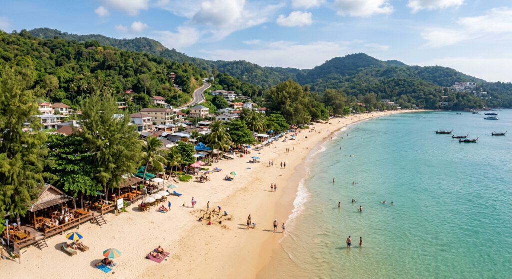Blick auf die entspannte Bucht von Kamala Beach mit flachem Sandstrand und gemütlichen Hotels in Thailand.