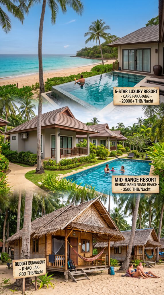 Eine dreistufige vertikale Collage, die verschiedene Unterkunftsklassen in Khao Lak, Thailand, vergleicht. Oben ein luxuriöses 5-Sterne-Resort am Kap Pakarang mit Infinity-Pool und Meerblick für über 20.000 THB/Nacht. In der Mitte ein Mittelklasse-Resort hinter dem Bang Niang Beach mit einem geteilten Pool und gepflegten Gärten für 3.500 THB/Nacht. Unten Budget-Bungalows aus Bambus und Holz direkt am Dschungelstrand für 800 THB/Nacht, mit Hängematten und Palmen.