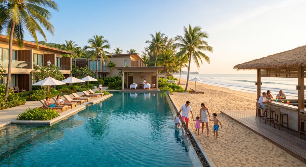 Ein modernes Strand-Resort in Khao Lak direkt am goldenen Sandstrand der Andamanensee. Eine weitläufige Poollandschaft trennt die eleganten Hotelgebäude vom Strand. Im warmen Licht der Nachmittagssonne spaziert eine Familie am Wasser entlang, Gäste entspannen auf Sonnenliegen, besuchen den offenen Spa-Bereich im Hintergrund oder genießen Drinks an der rustikalen Beachbar mit Strohdach auf der rechten Seite.
