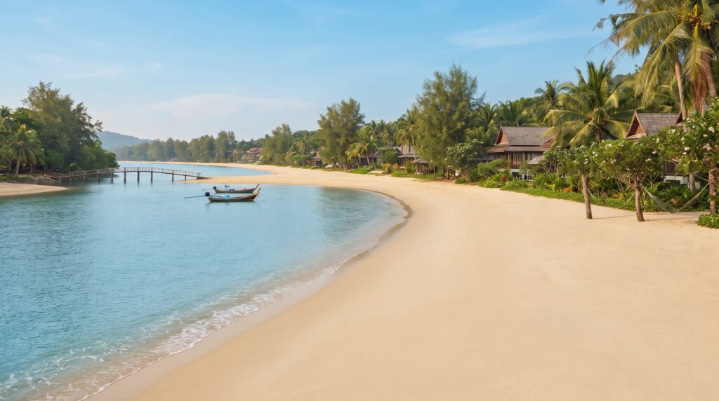 Ruhige Naturaufnahme des Klong Prao Beach auf Koh Chang, Thailand. Ein menschenleerer, weitläufiger Sandstrand mit Palmen, türkisblauem Wasser und einer angrenzenden Lagune – ideal für Erholungssuchende, die einen passenden Thailand Flug gebucht haben.