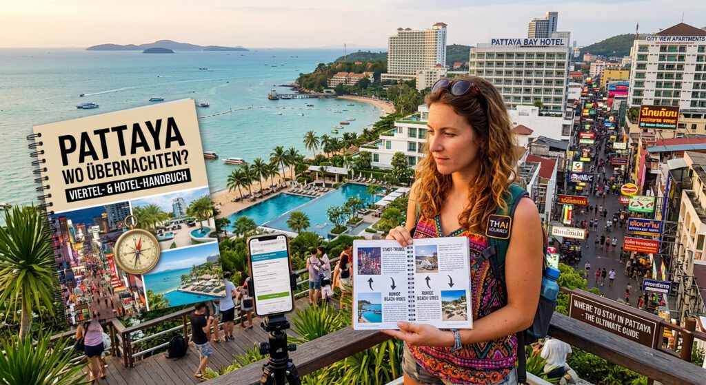 Pattaya Hotel Guide Infografik: Vergleich zwischen lautem Party-Zentrum und ruhigen Strand-Resorts in Jomtien und Naklua.