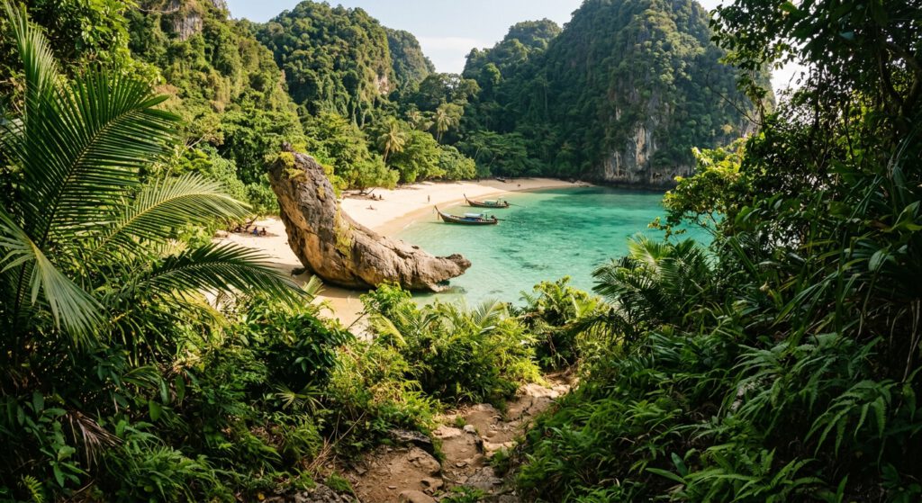 Blick durch den Dschungelpfad auf den versteckten Banana Beach in Phuket für Reisende nach der Buchung passender Thailand Flüge.