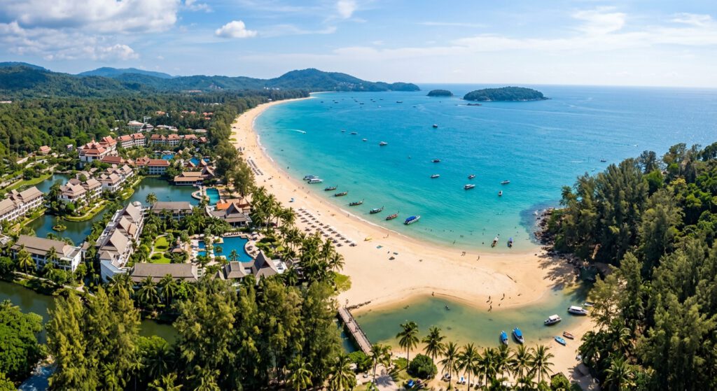 Luftaufnahme des langen Sandstrands von Layan und Bang Tao Beach in Phuket mit Luxus-Resorts für eine entspannte Thailandreise.