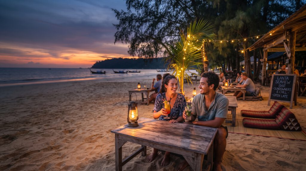 Stimmungsvolles Abendfoto am Long Beach, Koh Lanta, Thailand. Ein Paar sitzt bei Kerzenlicht und Cocktails an einem Holztisch im Sand und genießt den Sonnenuntergang über dem Meer. Im Hintergrund sind die Silhouetten von Kasuarinenbäumen, entspannte Strandbars und Lichter von umliegenden Hotels Koh Lanta zu sehen, die eine einladende, entspannte Atmosphäre verbreiten.