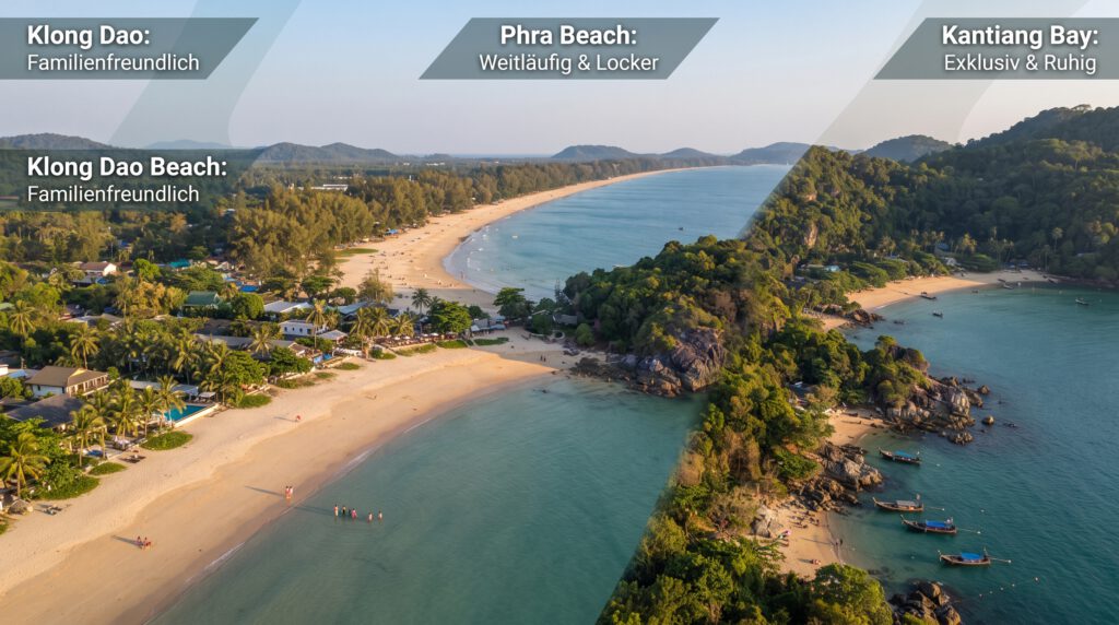 Eine weite, erhöhte Aufnahme der vielfältigen Küstenlinie von Koh Lanta in Thailand, die als visueller Guide für die Wahl des richtigen Hotels auf Koh Lanta dient. Von Norden (im Vordergrund) nach Süden (in der Ferne) sind die unterschiedlichen Strandabschnitte zu sehen: der familienfreundliche Klong Dao Beach, der weitläufige Phra Ae (Long Beach) und die ruhigeren, exklusiveren Buchten im Süden wie die Kantiang Bay. Das Foto fängt die verschiedenen Atmosphären und die Bebauungsdichte der Küste ein, um die Entscheidung für die perfekte Unterkunft zu erleichtern.