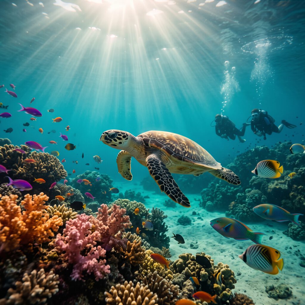 Eine lebendige Unterwasserszene, in der eine große Meeresschildkröte anmutig über einem farbenfrohen Korallenriff schwimmt. Sonnenstrahlen dringen dramatisch von der Wasseroberfläche in das klare türkisfarbene Wasser ein. Schwärme bunter tropischer Fische tummeln sich zwischen den Korallen. Im Hintergrund, rechts, sind zwei Sporttaucher zu sehen, die das Riff erkunden.