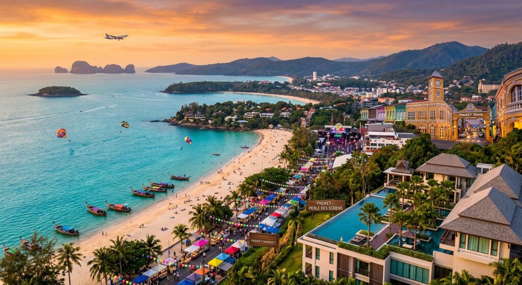 Ein atemberaubendes Panorama-Foto von Phuket, Thailand, bei Sonnenuntergang. Im Vordergrund ist ein luxuriöses Resort mit Infinity-Pools zu sehen, ein hervorragendes Beispiel für die vielfältigen Hotels in Phuket. Der Blick schweift über die historische sino-portugiesische Altstadt mit ihren bunten Gebäuden und einem lebhaften Nachtmarkt. Eine malerische Bucht mit zahlreichen Longtail-Booten, Speedbooten und Parasailing-Aktivitäten erstreckt sich bis hin zu den dramatischen Kalksteinfelsen der Andamanensee Thailand in der Ferne. Ein Flugzeug fliegt über die Szenerie und deutet auf den nahen Flughafen hin.
