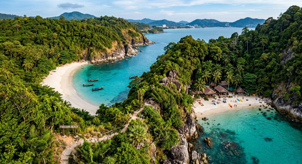 Versteckte Dschungel-Buchten Freedom Beach und Paradise Beach auf Phuket mit türkisblauem Wasser nach der Ankunft über Thailand Flüge.