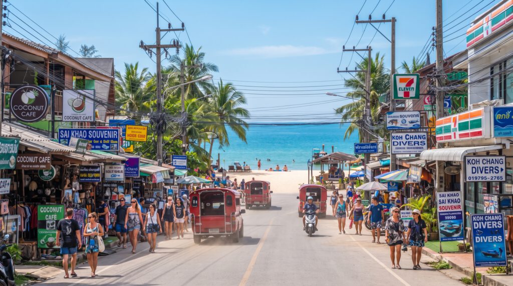 Belebte Straße am White Sand Beach auf Koh Chang, Thailand, mit Geschäften, Restaurants und roten Sammeltaxis. Im Hintergrund ist der Strand zu sehen – ein perfektes Motiv für deine nächste Thailandreise.