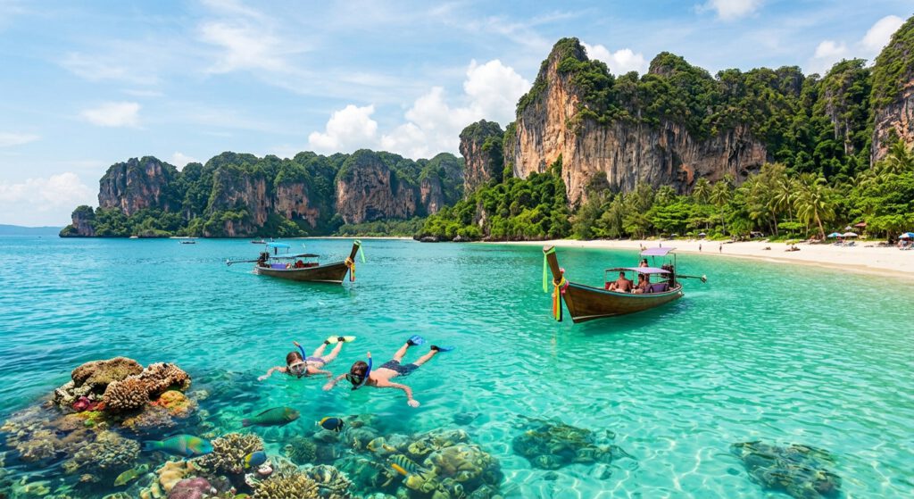 Dieses faszinierende Bild fängt die unberührte Schönheit der Andamanensee ein und ist ideal für Koh Lanta Reiseangebote. Es zeigt Schnorchler, die über einem lebendigen Korallenriff mit bunten tropischen Fischen schwimmen. Zwei geschmückte, traditionelle thailändische Longtail-Boote fahren auf dem kristallklaren Wasser vor dramatischen, üppig bewachsenen Kalksteinklippen, was ein unvergessliches tropisches Erlebnis darstellt.