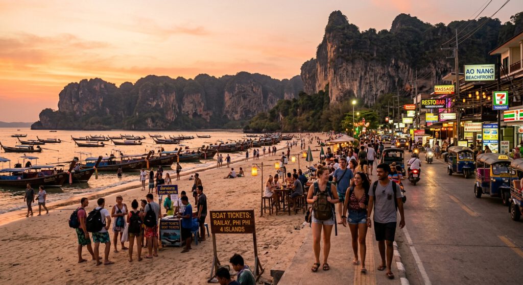 Ao Nang Beach Promenade in Krabi bei Dämmerung mit Longtail-Booten, Ticket-Stand für Inselausflüge und belebter Küstenstraße.