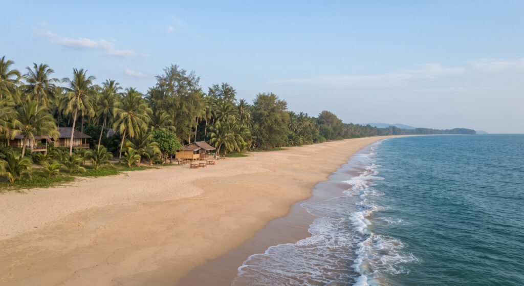 Eine weite, menschenleere Landschaftsaufnahme auf Augenhöhe, die das idyllische Robinson-Feeling des Khuk Khak Beach in Khao Lak einfängt. Der gigantische, goldene Sandstrand erstreckt sich kilometerweit unter einem klaren blauen Himmel und ist gesäumt von einer dichten, natürlichen Palmenvegetation. Im Hintergrund sind vereinzelt, ökologisch integrierte Khao Lak Hotels und eine kleine, rustikale Strandbar zu sehen. Die türkisblaue Andamanensee mit sanften Wellen betont die absolute Abgeschiedenheit und Ruhe dieses Küstenabschnitts.