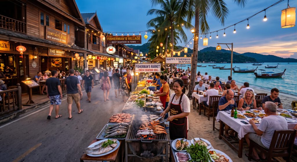 Lebendige Abendaufnahme des Fisherman's Village in Thailand bei Sonnenuntergang. Im Vordergrund grillt ein Koch Meeresfrüchte am BBQ-Stand. Rechts sitzen Touristen an Strandtischen und essen. Links säumen Holzgebäude mit Geschäften die belebte Fußgängerstraße. String-Lichter überspannen die Szene. Im Hintergrund liegen Longtail-Boote in der Bucht unter einem farbenfrohen Himmel.
