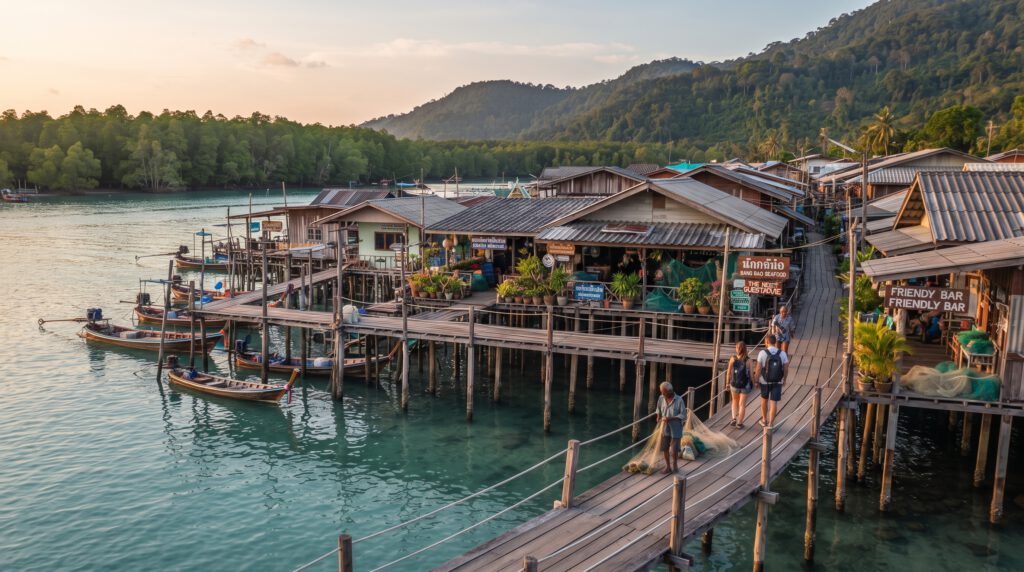 Traditionelle Stelzenhäuser und Holzstege im ehemaligen Fischerdorf Bang Bao auf Koh Chang, Thailand, mit vertäuten Longtail-Booten und Blick auf bewaldete Hügel. Ein authentisches Motiv für eine Thailandreise.
