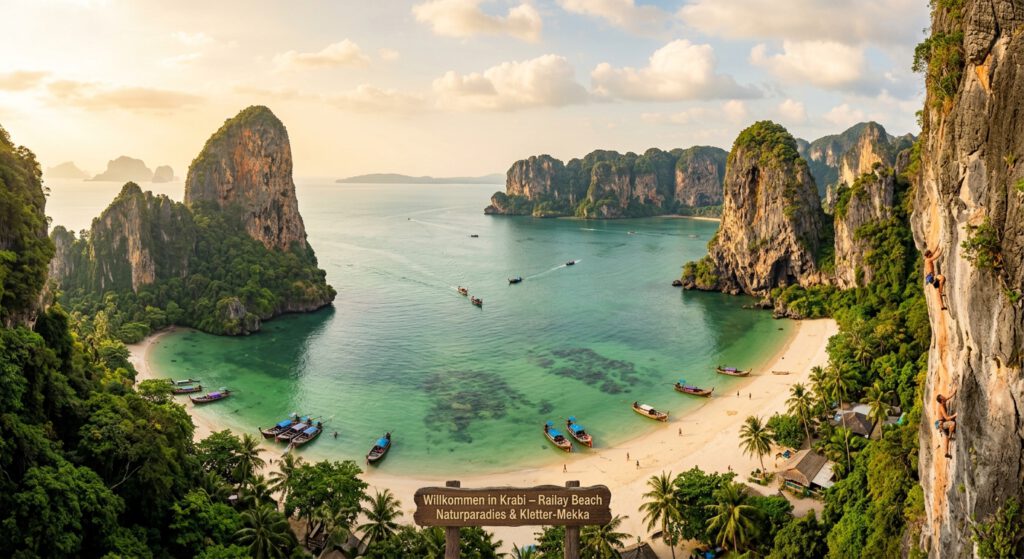 Luftaufnahme von Railay Beach, Krabi, Thailand. Massive Kalksteinfelsen umgeben eine Bucht mit türkisfarbenem Wasser, Longtail-Booten und einem weißen Sandstrand. Ein Holzschild im Vordergrund heißt Besucher im 'Naturparadies & Kletter-Mekka' willkommen, während ein Kletterer an der Felswand zu sehen ist. Die ideale Lage, um die besten hotels in krabi zu finden.