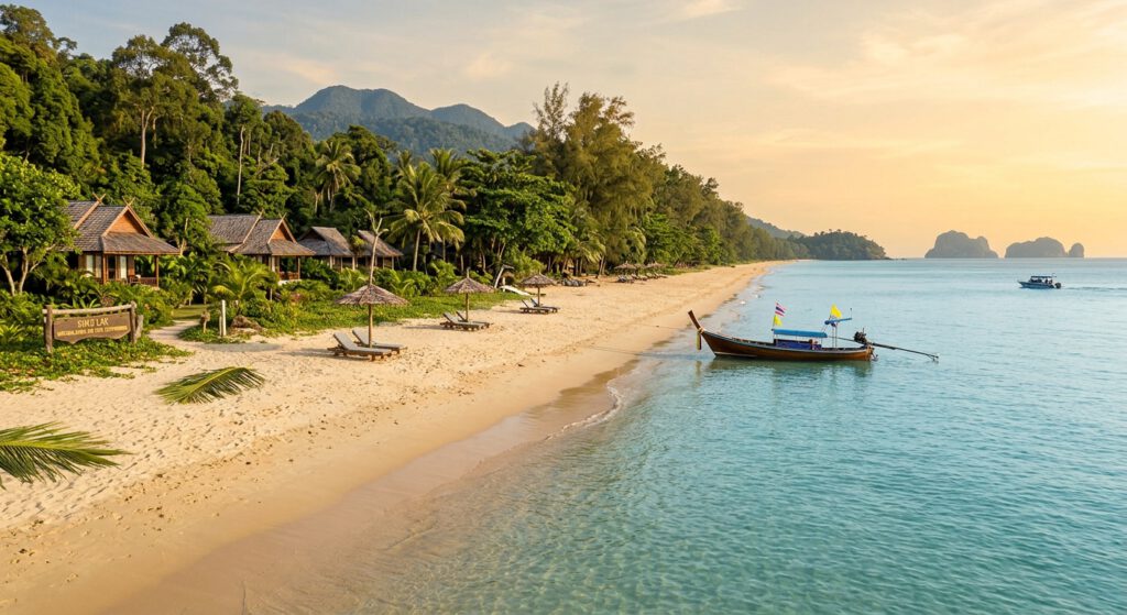 Panoramablick auf einen goldenen Sandstrand in Khao Lak, Thailand, bei Sonnenuntergang, mit reetgedeckten Bungalows eines Strandresorts im dichten Dschungelhang, Liegestühlen und einem traditionellen Longtail-Boot im türkisfarbenen Wasser.