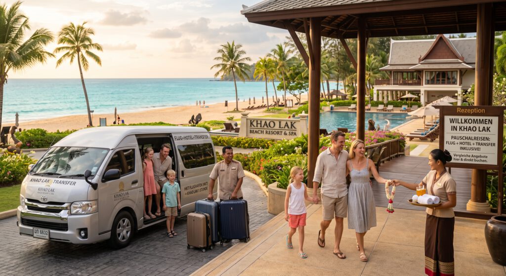 Eine Familie kommt mit einem silbernen Transfer-Minivan an einem Resort in Khao Lak an und wird von einer lächelnden Hotelmitarbeiterin mit traditionellen Blumengirlanden und Erfrischungen begrüßt. Im sonnigen Hintergrund sind die Poolanlage, der Sandstrand und die Andamanensee zu sehen.