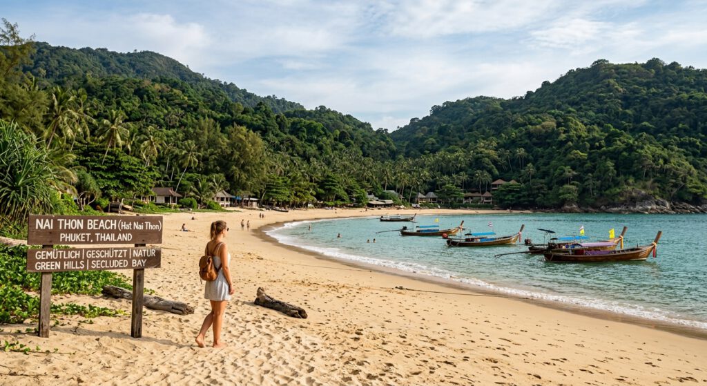 Reisende am feinen Sandstrand von Nai Thon Beach in Nord-Phuket beim Vergleich ruhiger Hotels in Thailand.