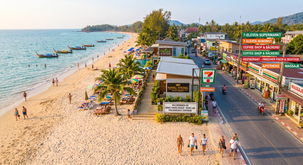 Lebhafte Szene am Nang Thong Beach in Khao Lak. Die linke Bildhälfte zeigt den feinen Sandstrand mit Badegästen und Longtail-Booten im Meer, während auf der rechten Seite direkt angrenzend eine belebte Hauptstraße mit Supermärkten, Restaurants, Cafés und flanierenden Touristen zu sehen ist, was die kurzen Wege ins Zentrum verdeutlicht.