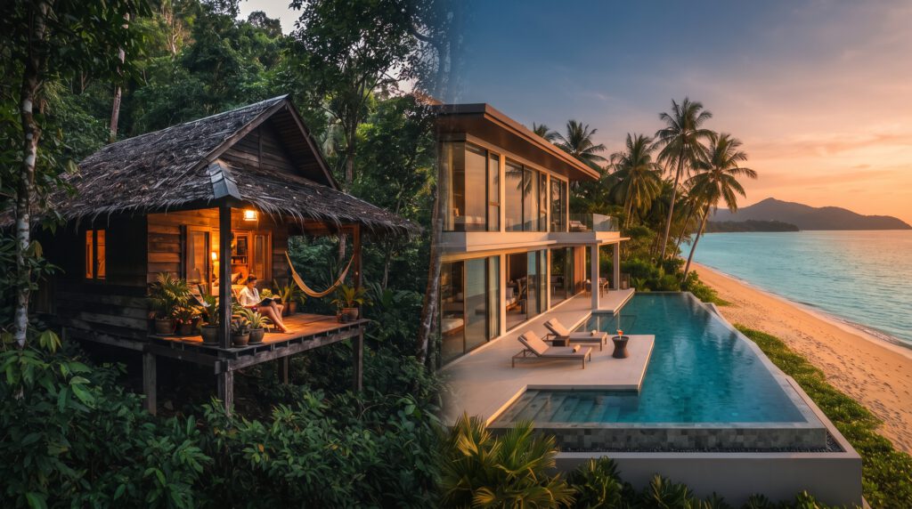 Vergleichsfoto von Unterkünften auf Koh Chang, Thailand. Links eine rustikale Dschungel-Hütte im Wald, rechts ein modernes Luxus-Resort mit Infinity-Pool am Strand. Eine visuelle Orientierung für hotels Koh Chang.